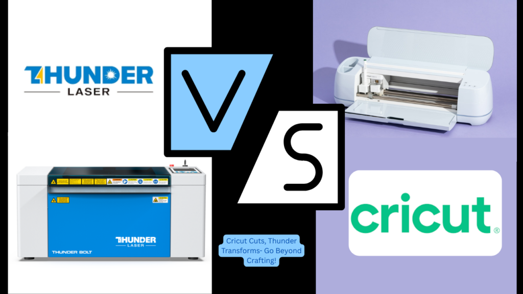 A Thunder Laser Cutter and a Cricut machine face off in a high-tech workshop, surrounded by cutting materials and tools