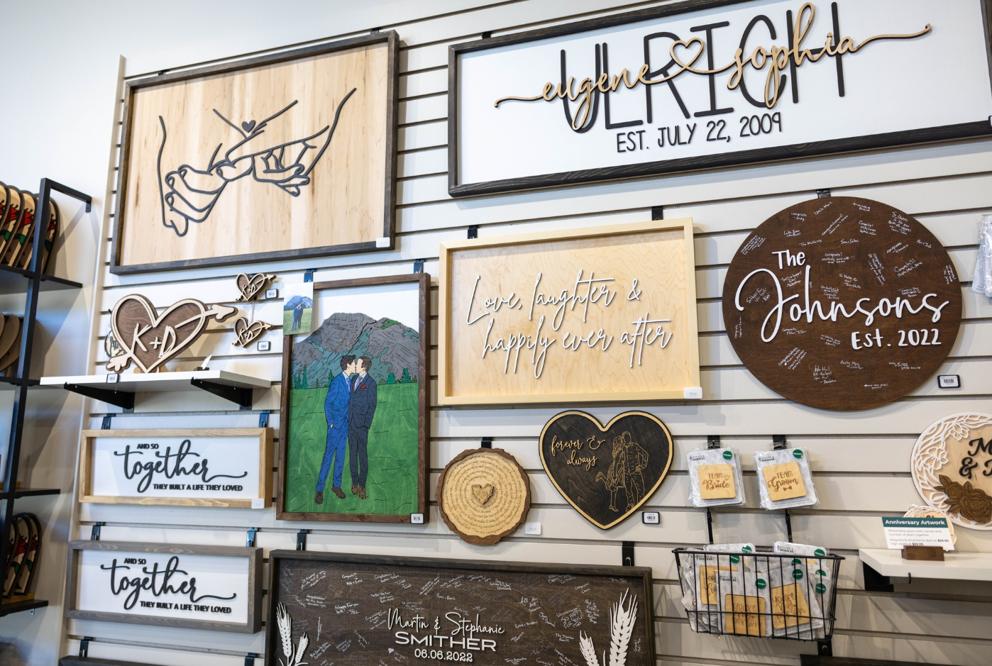 A laser-engraved wooden cutting board with intricate design surrounded by other profitable products on a clean, well-lit display