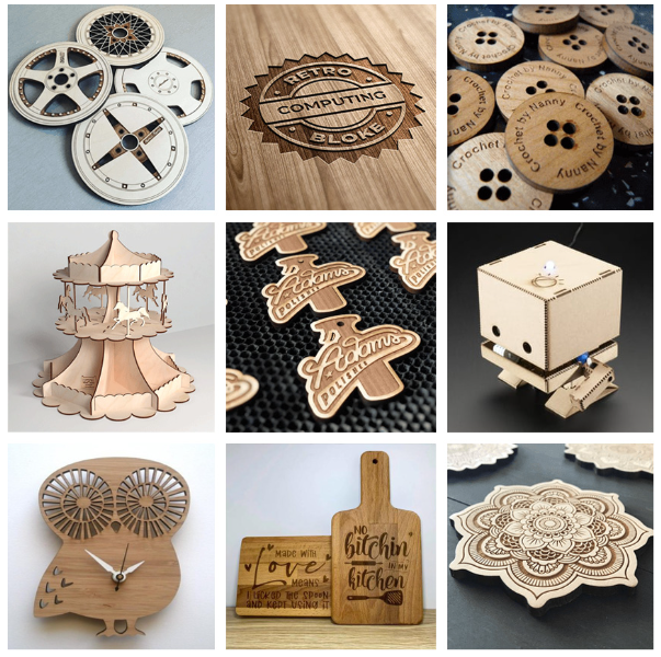 A laser engraving machine etching intricate designs onto various products in a well-lit workshop