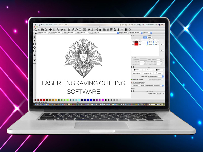 A technician adjusts laser parameters on a computer using Lightburn software for CO2 and fiber laser machines